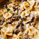 Cheesy Beef And Bowtie Pasta In Garlic Butter