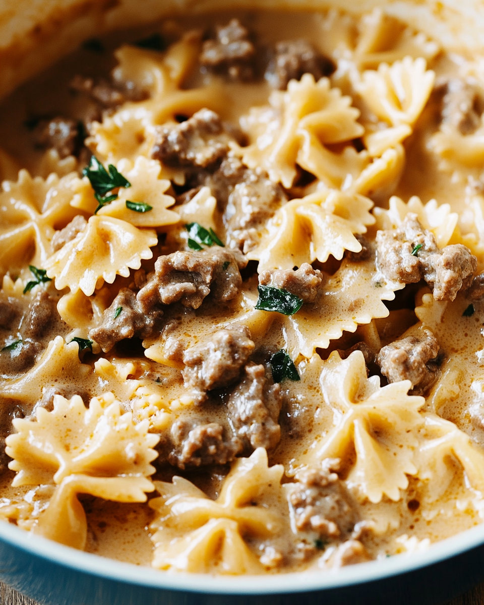 Cheesy Beef And Bowtie Pasta In Garlic Butter