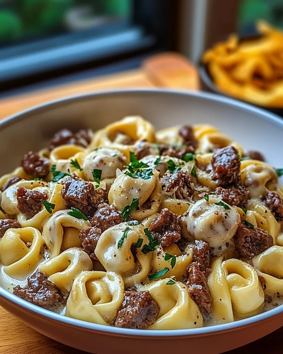 Cheesesteak Tortellini in Rich Provolone Sauce
