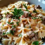 Beef and Bowtie Pasta with Alfredo Sauce
