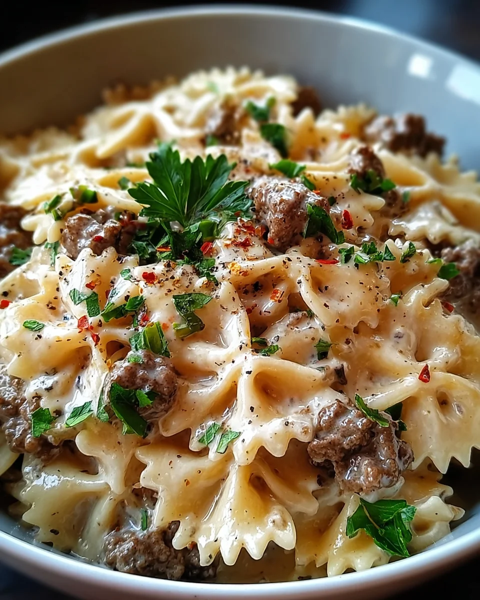 Beef and Bowtie Pasta with Alfredo Sauce