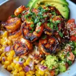 Grilled Shrimp Bowl with Avocado, Corn Salsa & Creamy Garlic Sauce