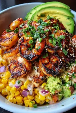 Grilled Shrimp Bowl with Avocado, Corn Salsa & Creamy Garlic Sauce