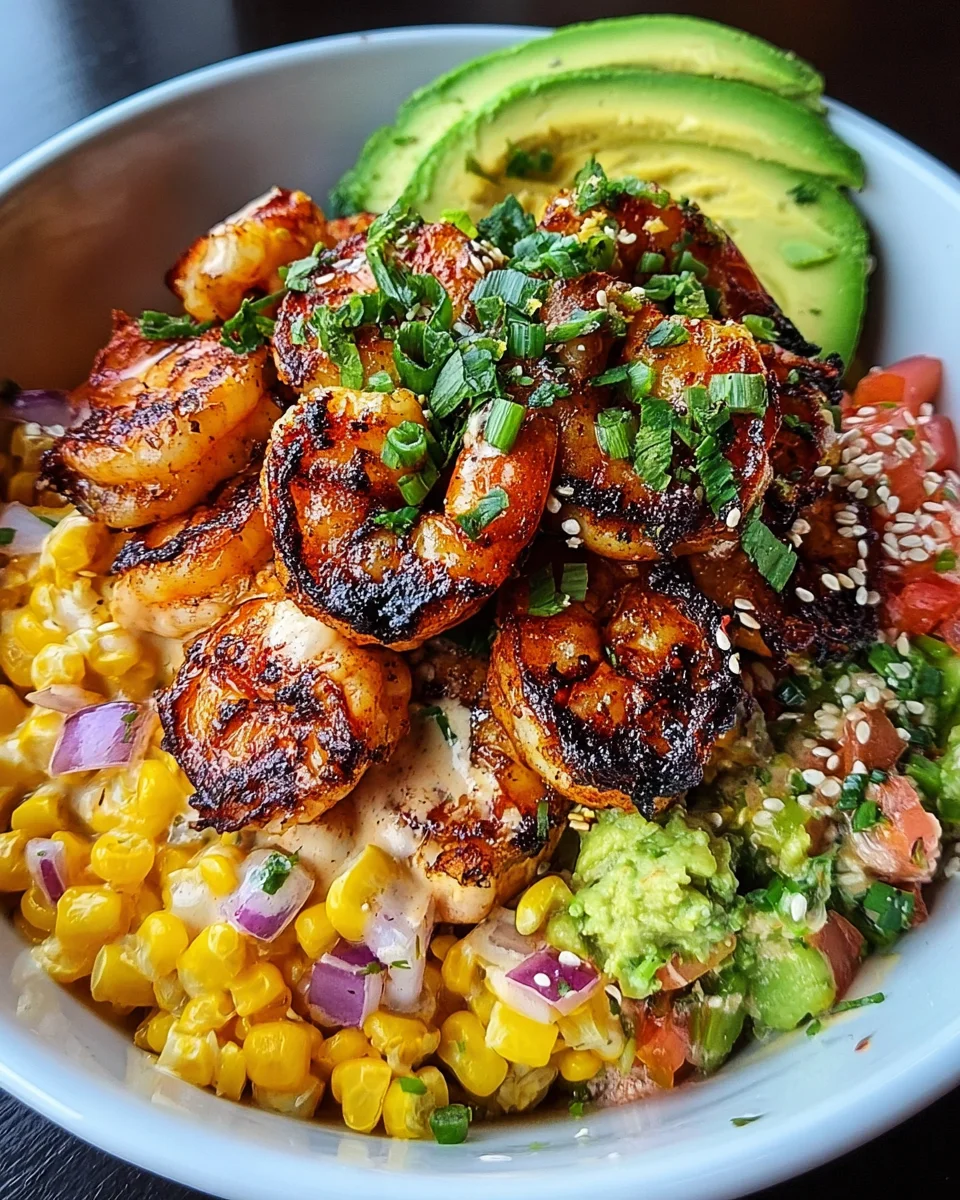Grilled Shrimp Bowl with Avocado, Corn Salsa & Creamy Garlic Sauce