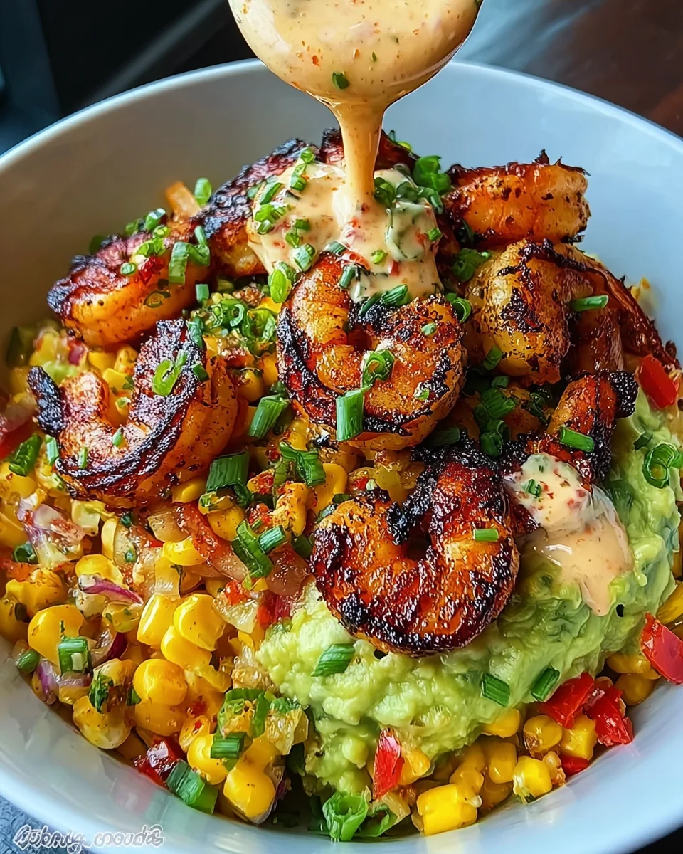 Grilled Shrimp Bowl with Avocado, Corn Salsa & Creamy Sauce 36 Grilled