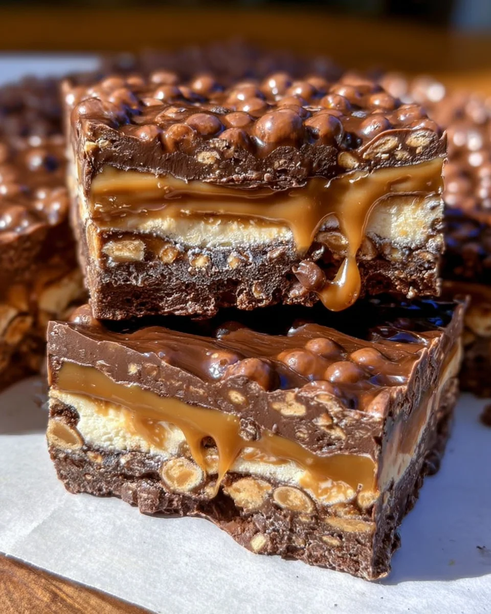 No Bake Crispy Snickers Bars