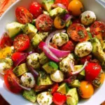 Tomato Cucumber Avocado Salad with Mozzarella and Basil Pesto