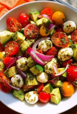 Tomato Cucumber Avocado Salad with Mozzarella and Basil Pesto