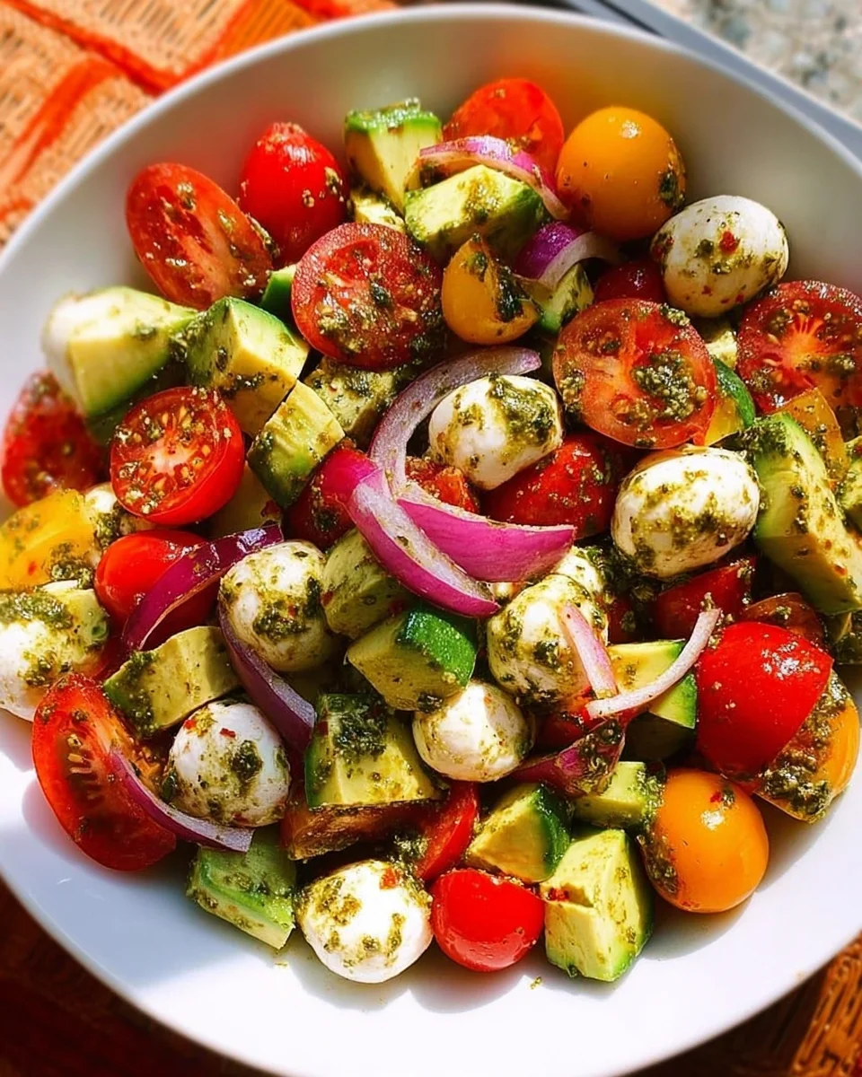 Tomato Cucumber Avocado Salad with Mozzarella and Basil Pesto